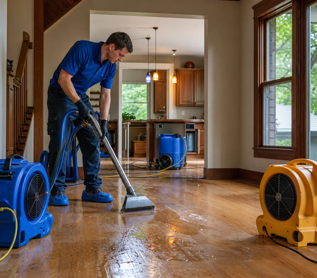 Technician using a water extraction wand on a wet residential floor with air movers nearby