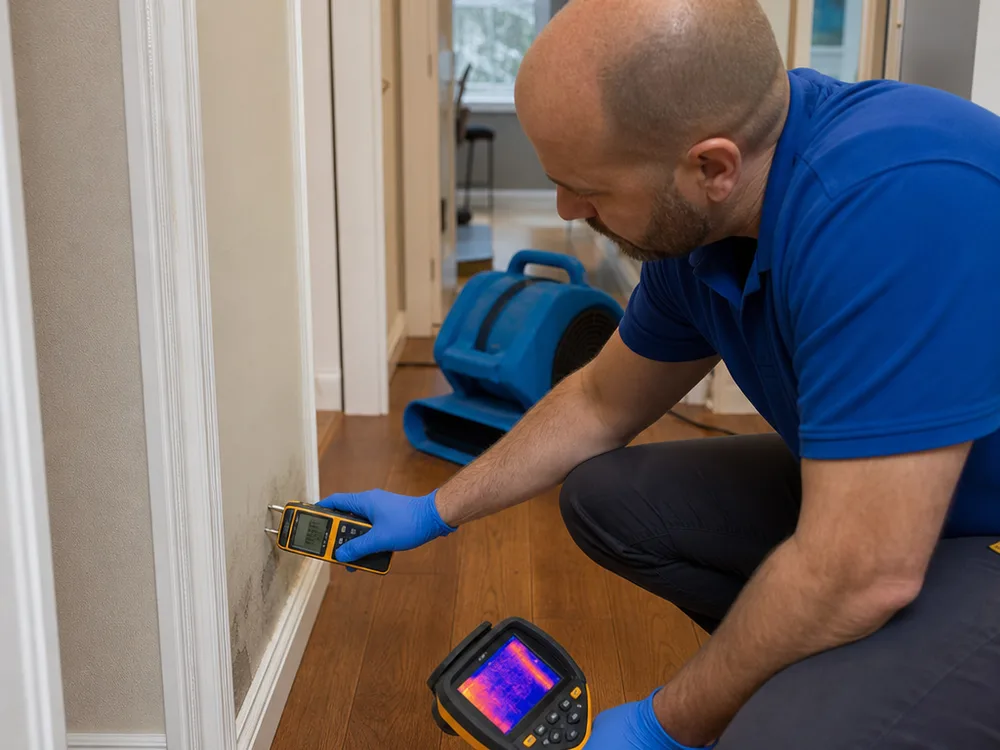 Technician taking moisture readings at baseboards and drywall in a residential hallway