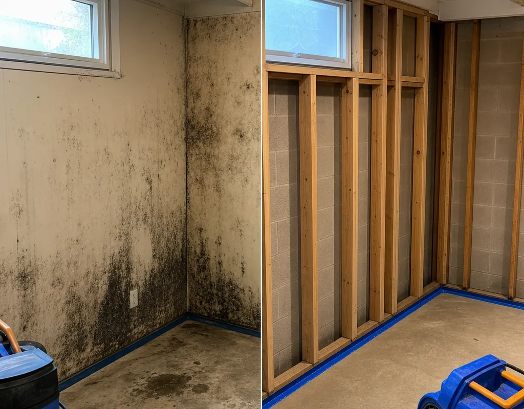 Before and after basement wall remediation showing mold-stained drywall followed by removed drywall and cleaned framing ready for rebuild