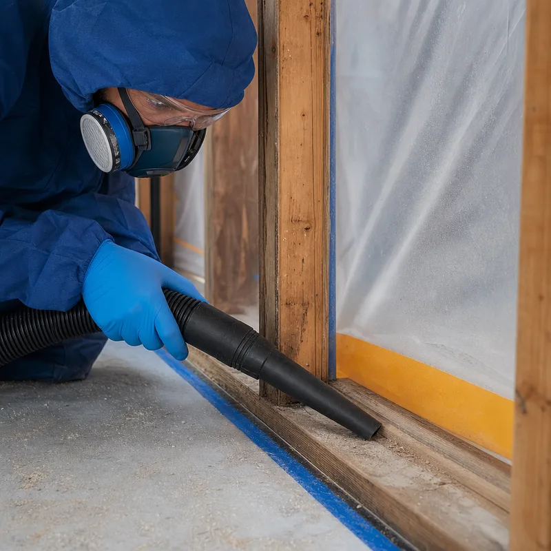 Technician HEPA vacuuming a framing corner and sill plate inside mold containment