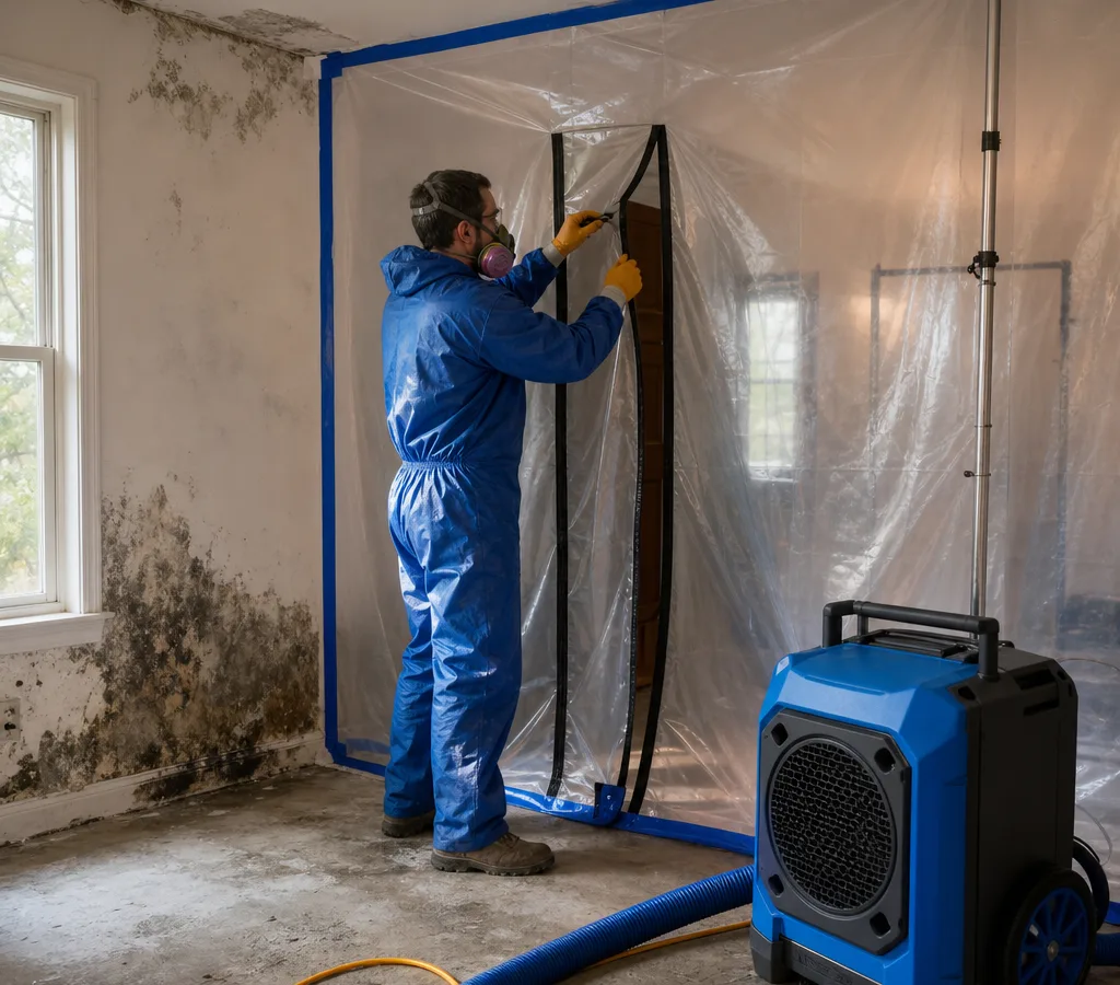 Technician in protective equipment setting up plastic containment and a HEPA air scrubber in a residential room with mold staining