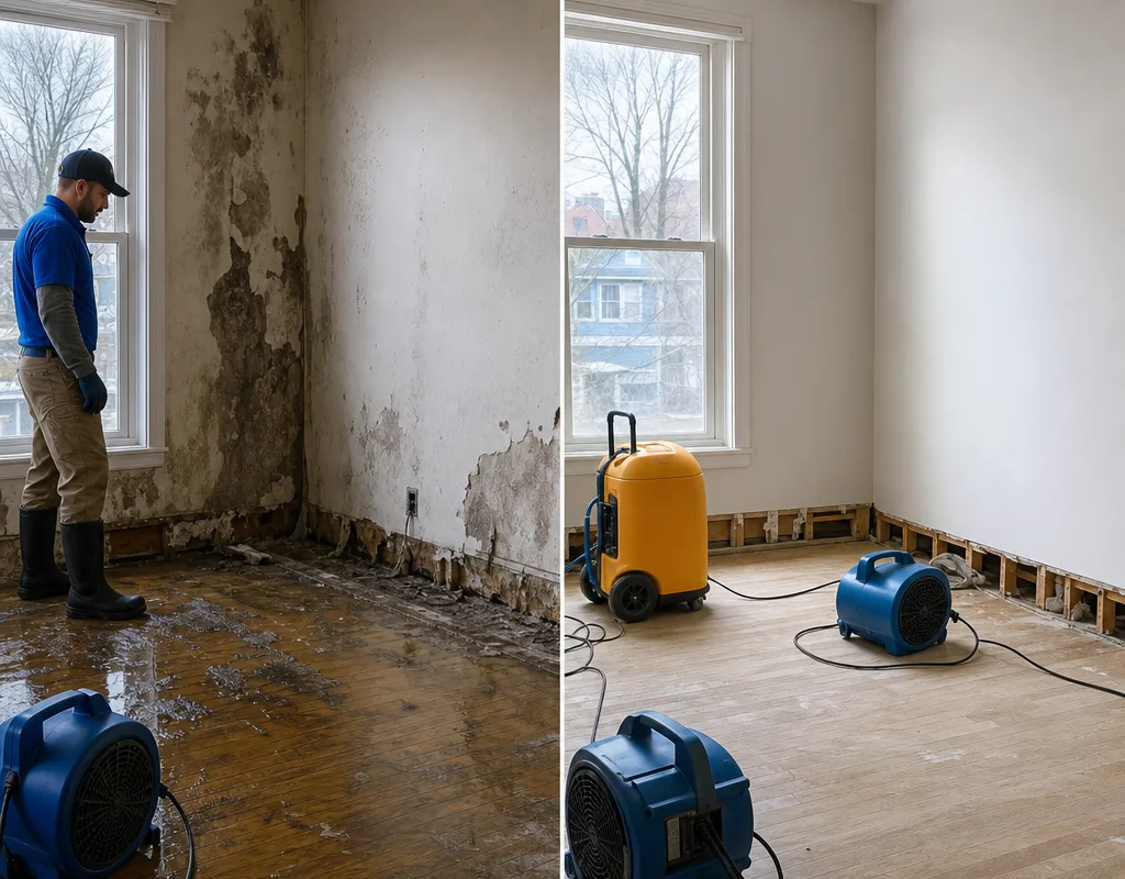 Before-and-after view of a wet room and the same room dry and stabilized for repair