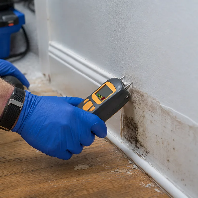 Close-up of a moisture meter reading on labeled drywall and baseboard