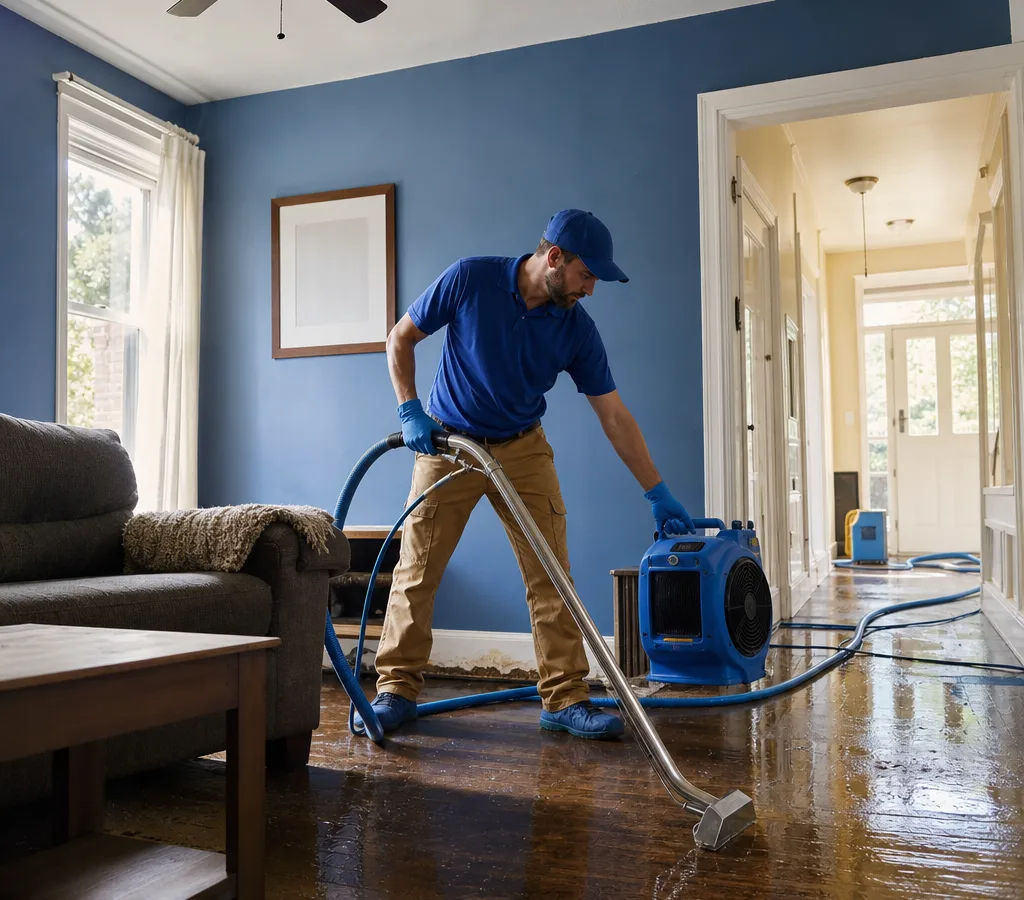 Restoration technician using a wet extraction tool and setting an air mover in a water-damaged Ann Arbor room