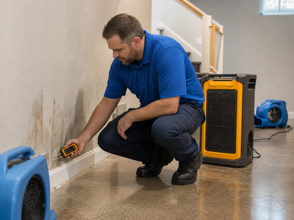 Technician measuring moisture in basement drywall while dehumidifiers and air movers run