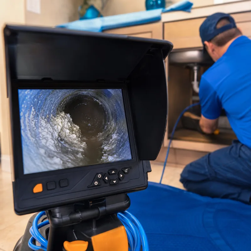 Drain camera monitor showing buildup and a partial obstruction inside a residential drain pipe