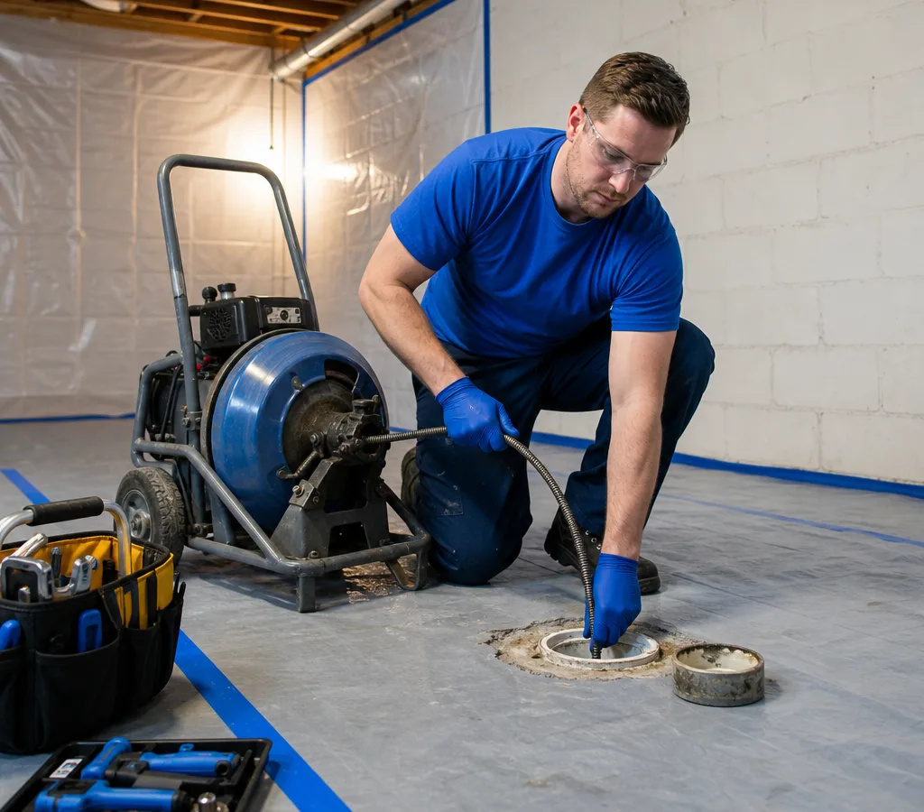 Technician using a drain machine at a residential basement cleanout with protective floor covering and organized tools