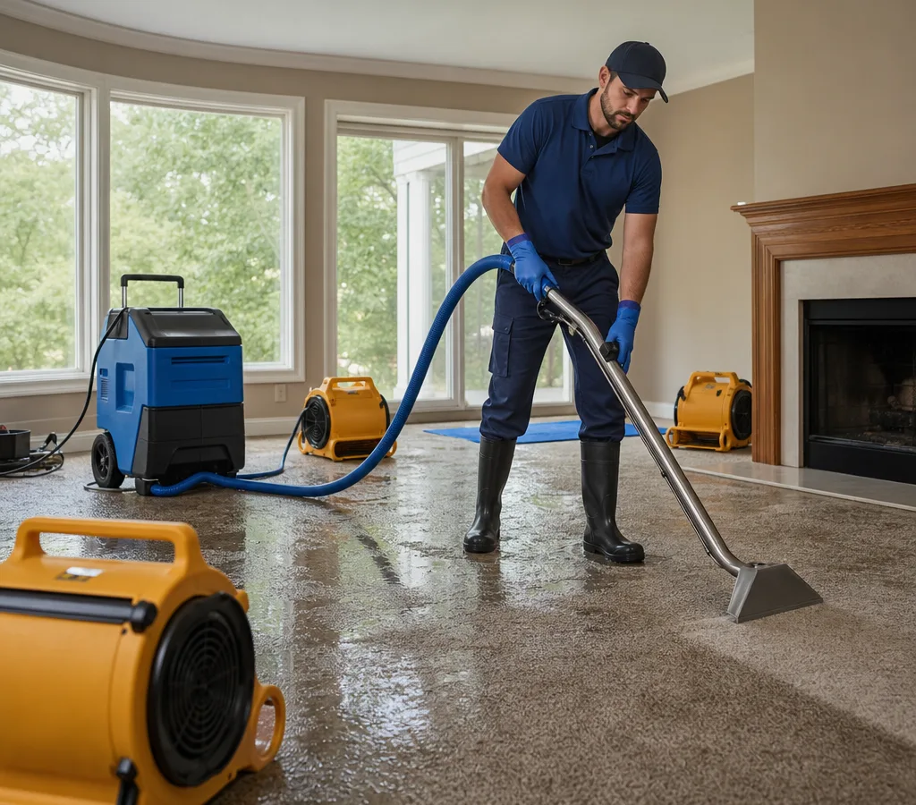 Restoration technician extracting water from wet carpet in an Ann Arbor home with air movers nearby