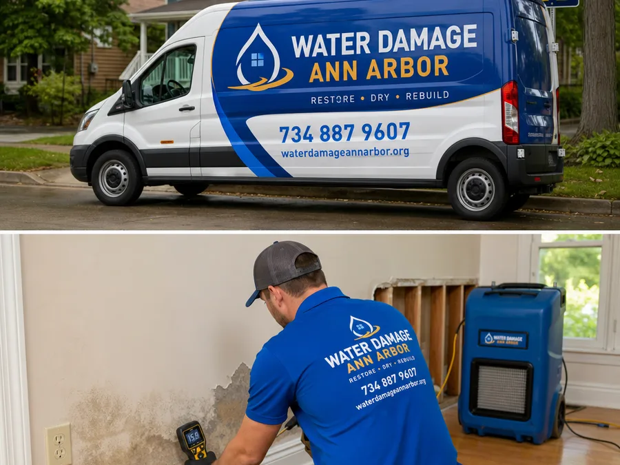Technician measuring moisture at drywall and a baseboard while a dehumidifier operates