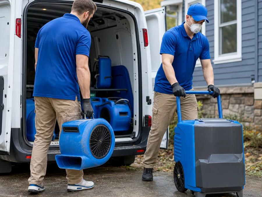 Two-person restoration crew unloading air movers and a dehumidifier at an Ann Arbor home